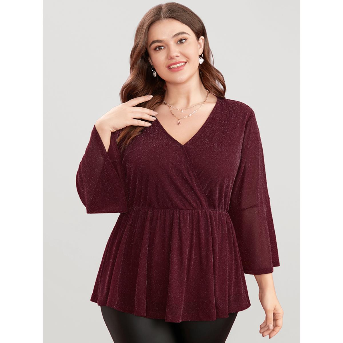 Plus Size Scarlet Solid Surplice Neck Bell Sleeve Glitter Blouse Women Glamour Elbow-length sleeve V-neck Dailywear Blouses BloomChic 10/M Product Image