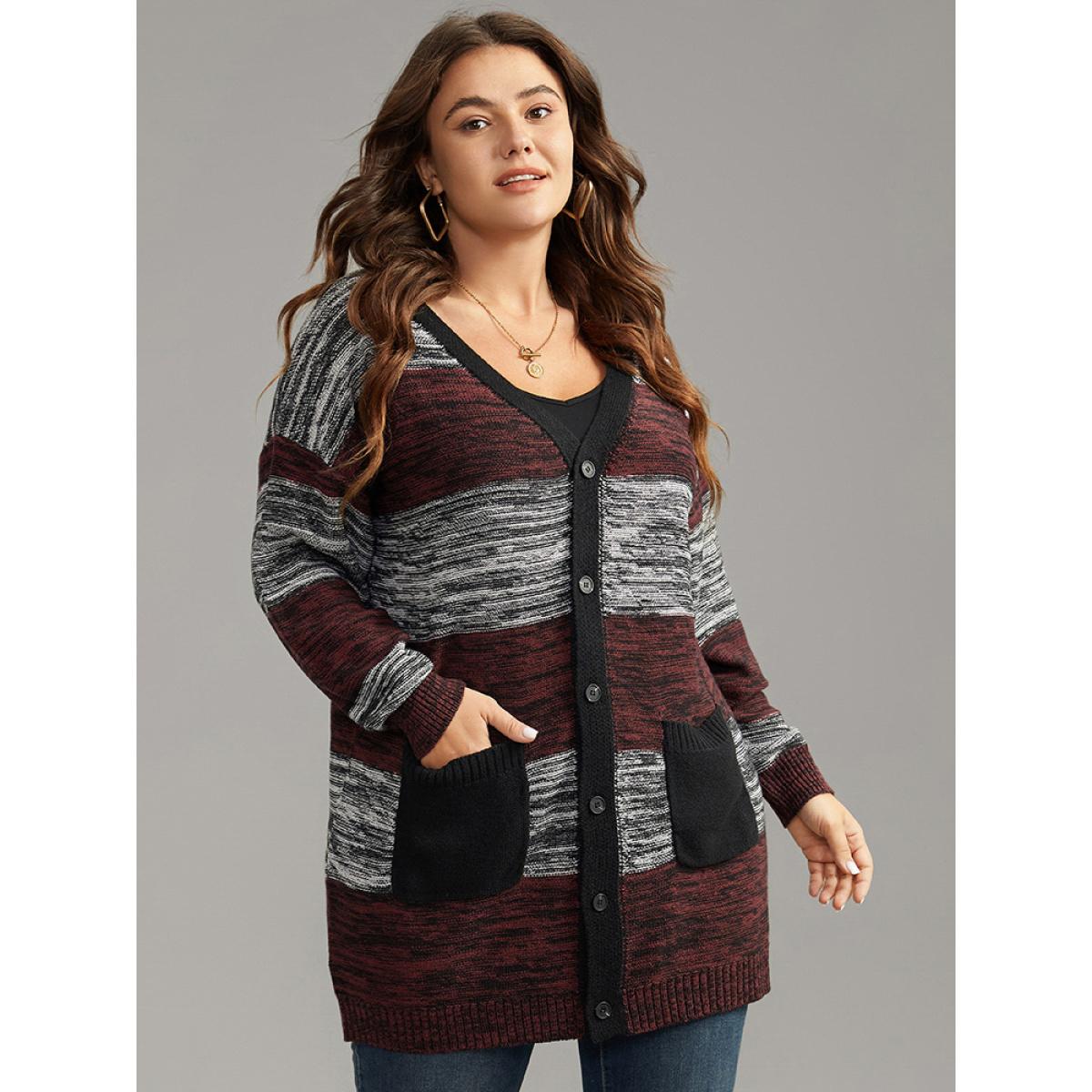 Plus Size Heather Colorblock Contrast Pocket Button Through Cardigan Burgundy Women Casual Loose Long Sleeve Everyday Cardigans BloomChic 14-16/1X Product Image