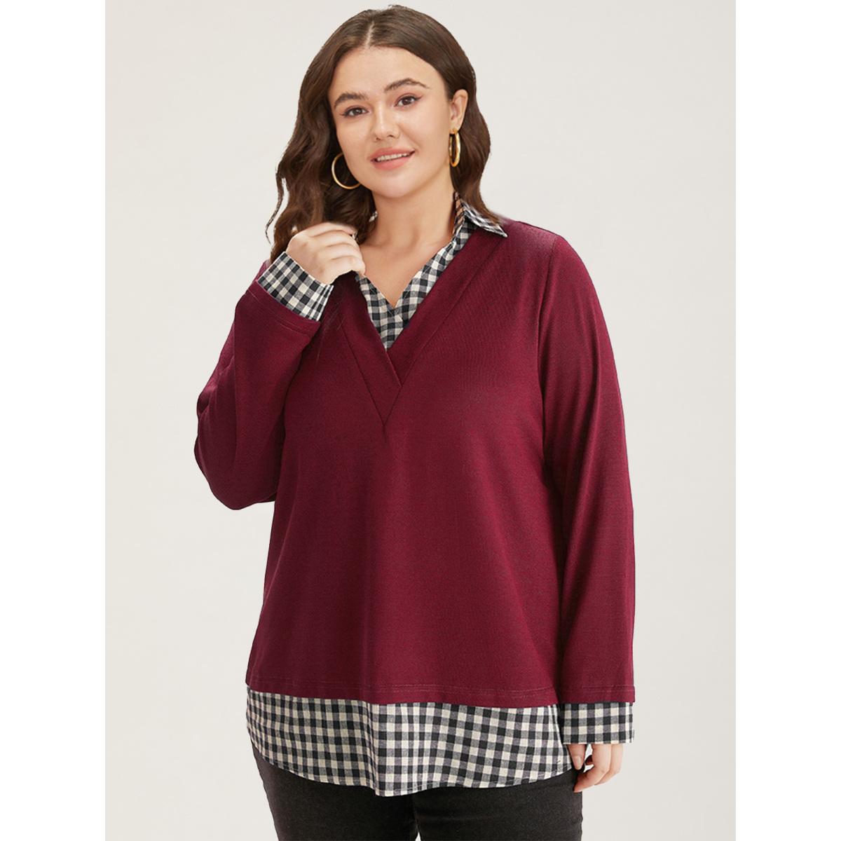 Plus Size Gingham Patchwork Shirt Collar Arc Hem Sweatshirt Women Blue Leisure Patchwork V-neck Casual Sweatshirts BloomChic 14-16/1X Product Image