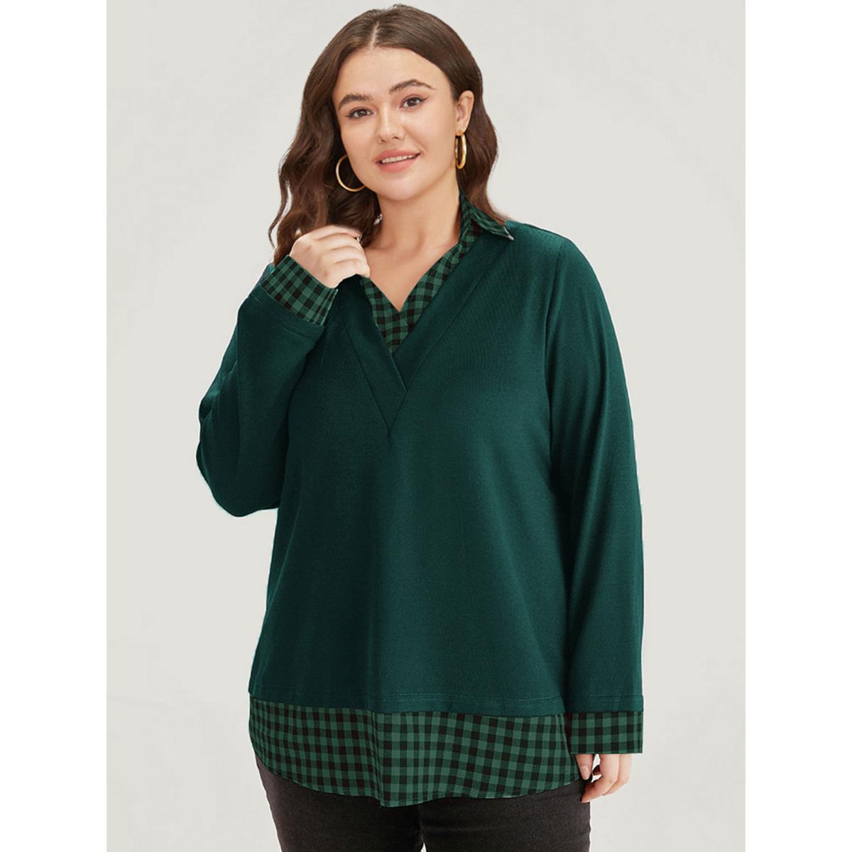 Plus Size Gingham Patchwork Shirt Collar Arc Hem Sweatshirt Women Green Casual Patchwork V-neck Everyday Sweatshirts BloomChic 26/4X Product Image