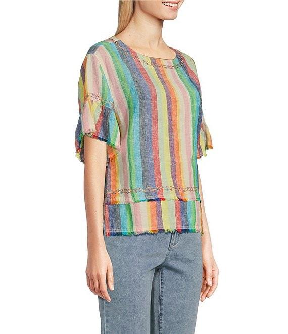 John Mark Petite Size Embroidered Yarn-Dye Stripe Crew Neck Short Ruffle Hi-Low Hem Top Product Image