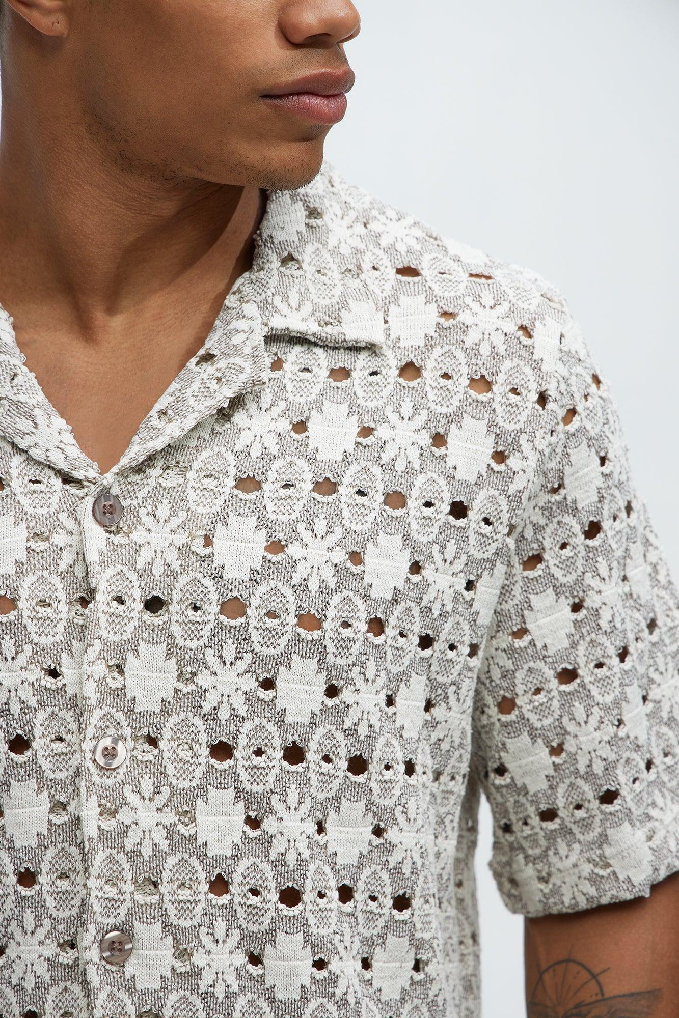 Patterned Open Knit Button Down Shirt - Cream/combo Product Image