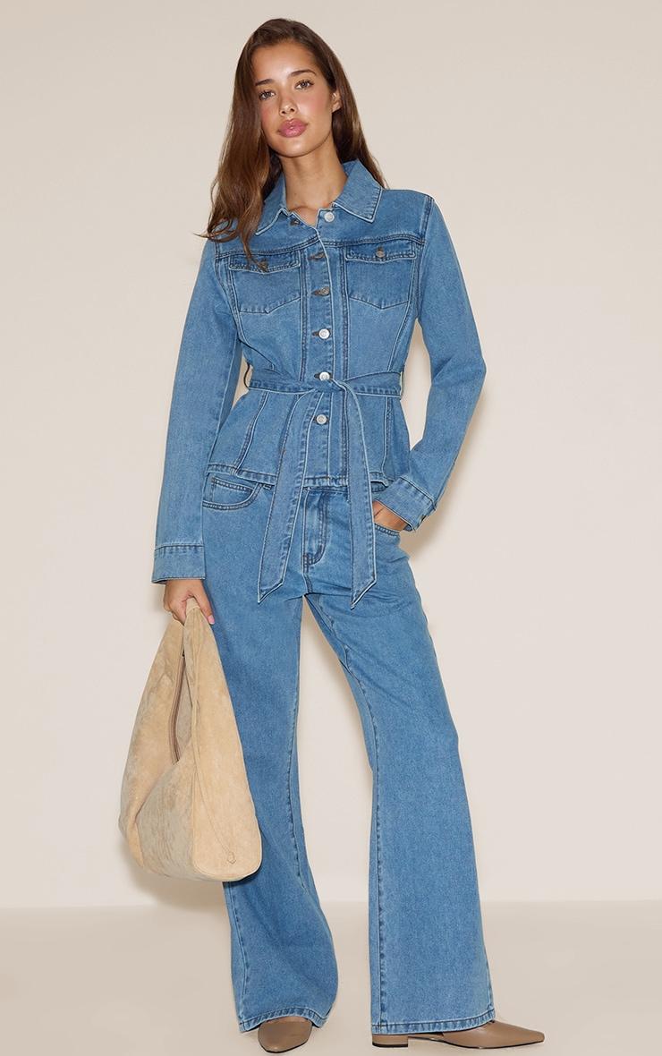 Light Blue Cinched Waist Belted Denim Jacket Product Image