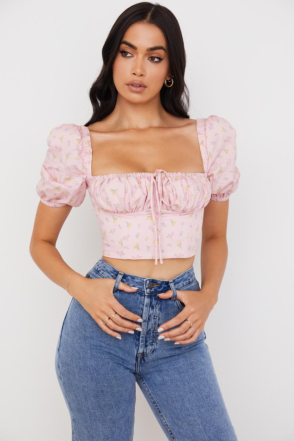 Arianna  pink floral puff sleeve corset Product Image