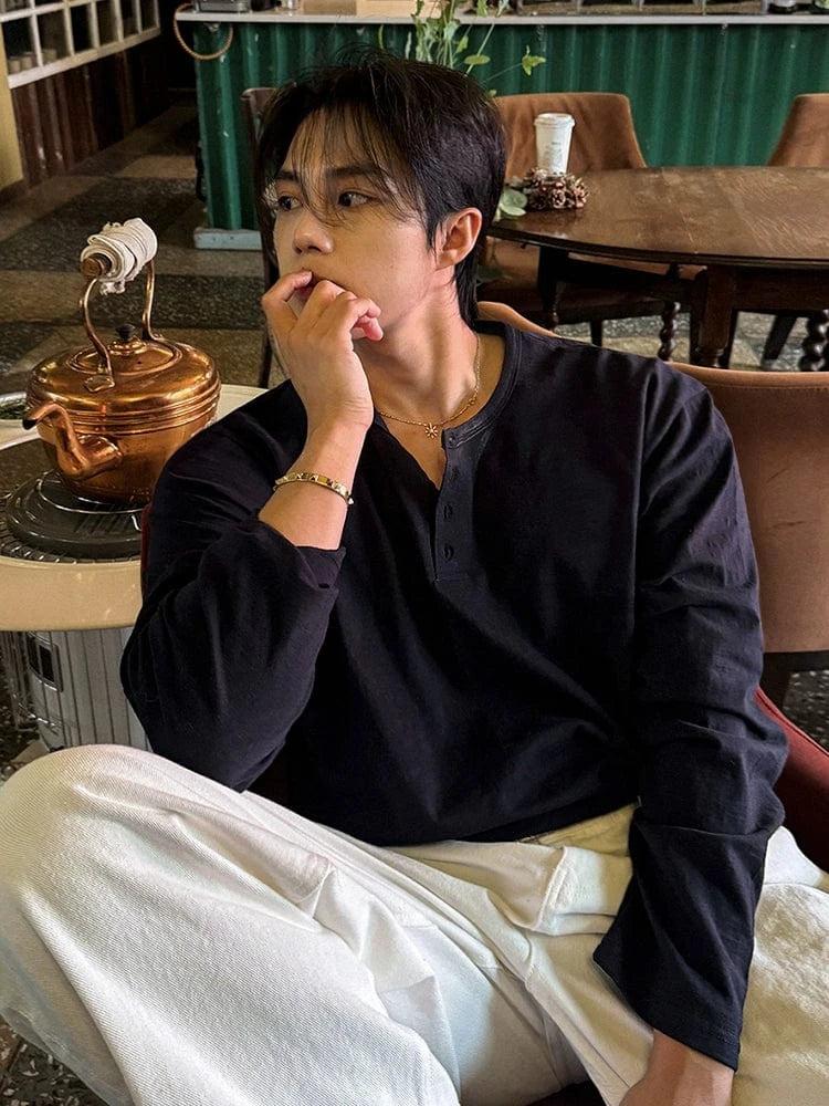 RT No. 19519 DARK BLUE HENRY COLLAR LONGSLEEVE Product Image