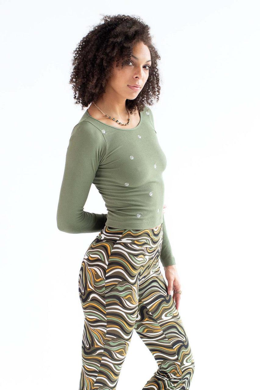 Olive Peace Embroidered Seamless Shirt Product Image