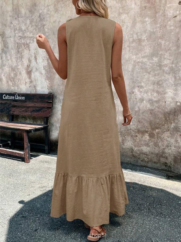 A-Line Loose Pleated Ruffle Trim Solid Color V-Neck Maxi Dresses Product Image