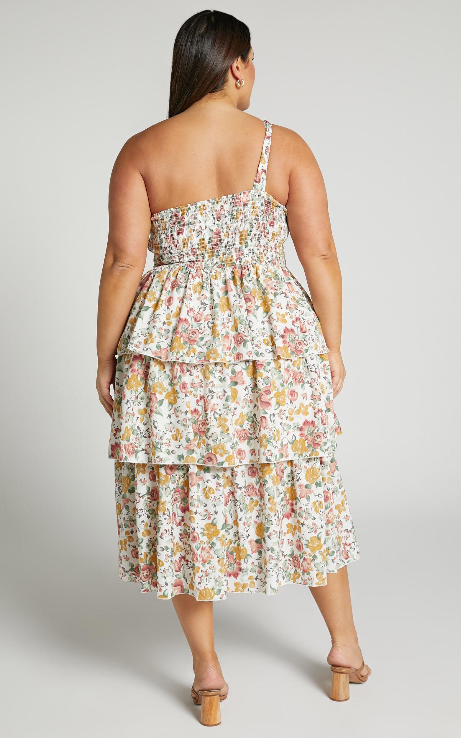 Caro Midi Dress - One Shoulder Tiered Dress in Multi Floral Product Image