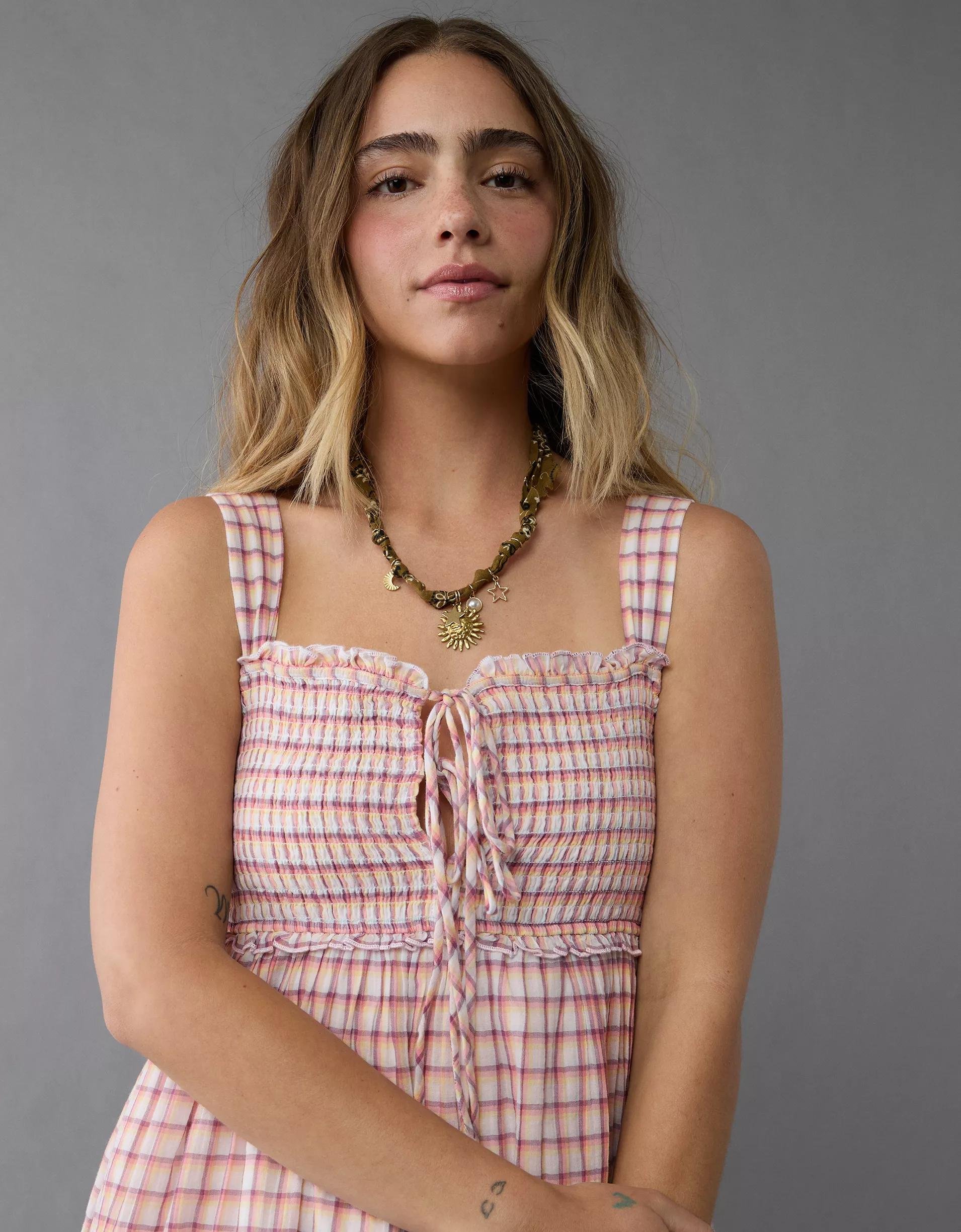 AE Plaid Babydoll Mini Dress Product Image