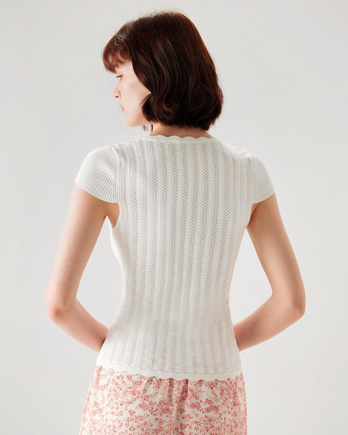 White U Neck Slim Knit Tee Product Image