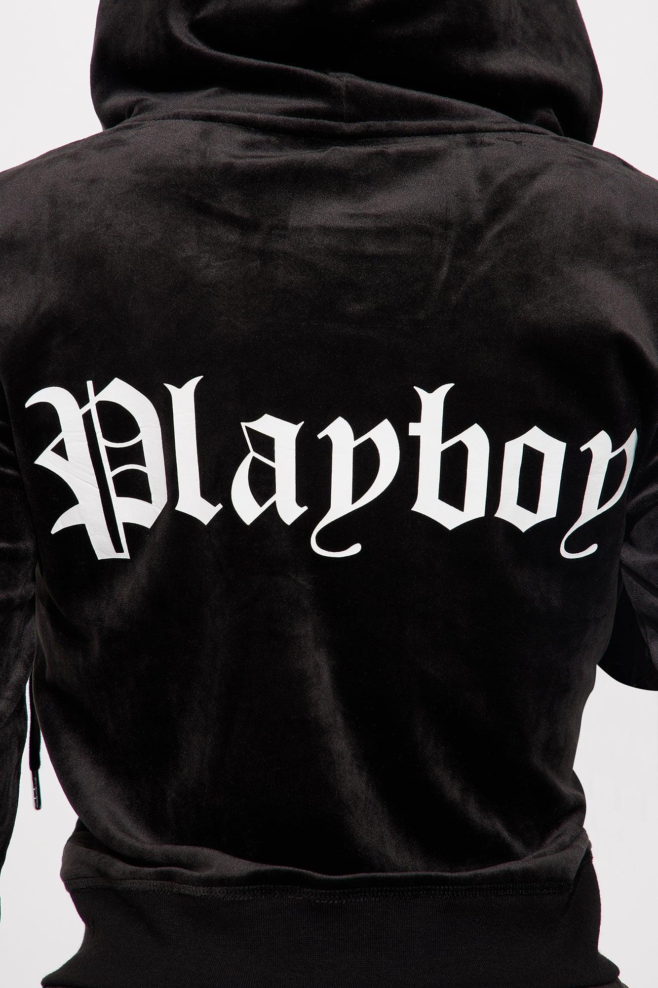 Velour Playboy Zip Font Hoodie - Black Product Image