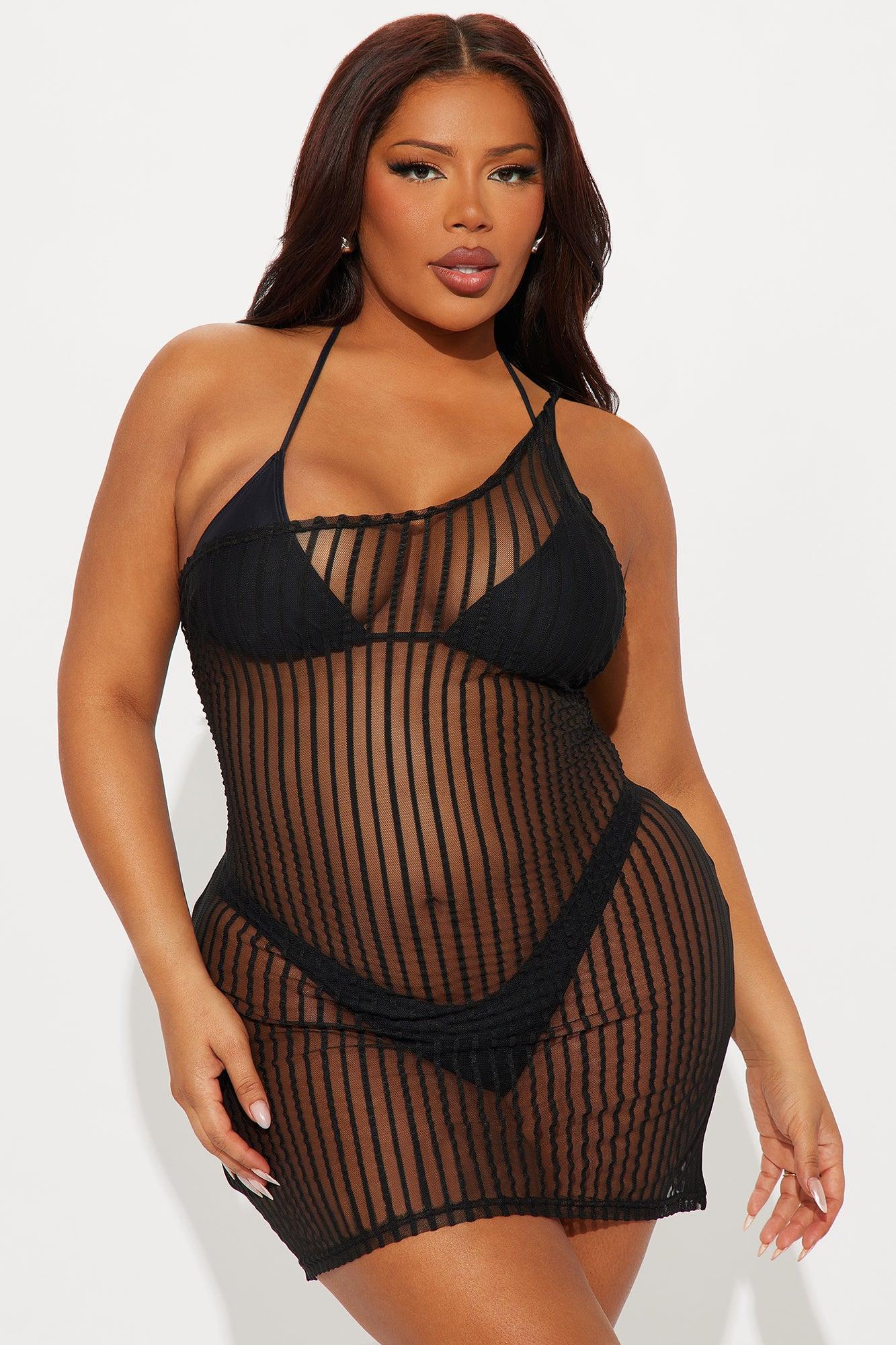 Palm Shade Stripe One Shoulder Twist Cover Up Mini Dress - Black Product Image