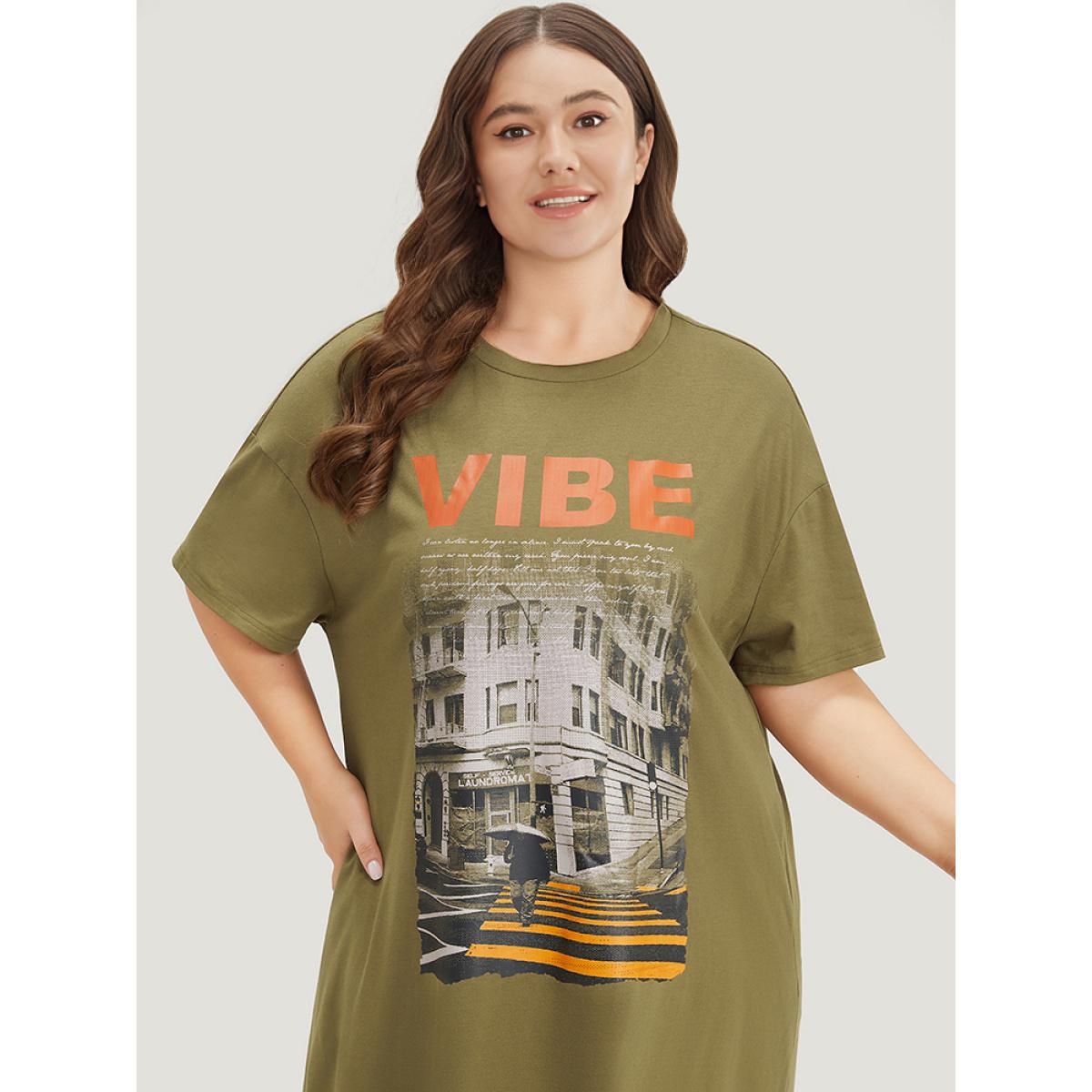 Plus Size Letter & Graphic Print Pocket Crew Neck Dress ArmyGreen Women Casual Plain Curvy Midi Dress BloomChic 12/L Product Image