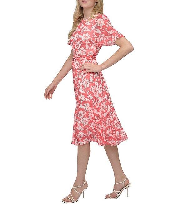 DKNY by Donna Karan Woven Floral Print Crew Neck Short Sleeve Waist Tie Fit and Flare Midi Dress Product Image