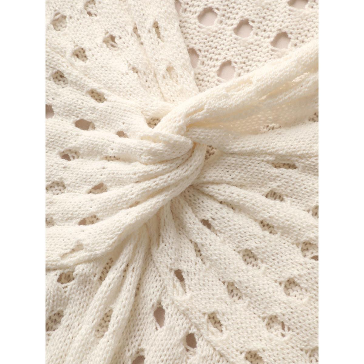 Plus Size Twist Front Pointelle Knit Split Hem Pullover Ivory Women Casual Long Sleeve Deep V-neck Everyday Pullovers BloomChic 30/6X Product Image