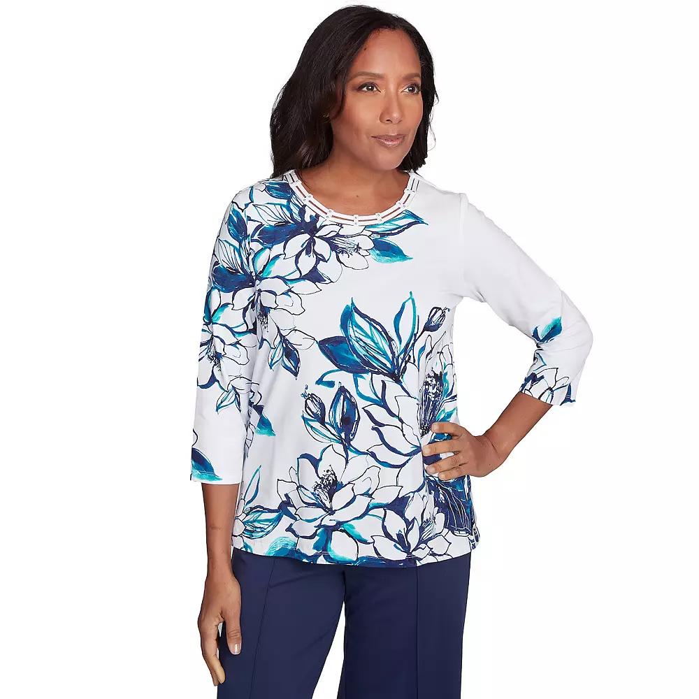 Women's Alfred Dunner Fineline Floral Three Quarter Sleeve Top, Size: Large, Marine Team Product Image