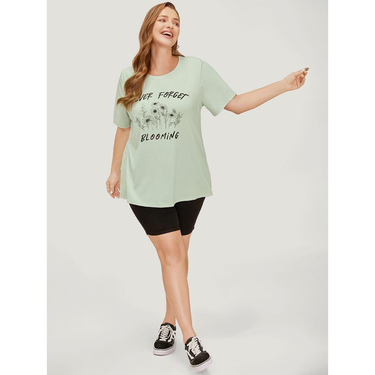 Plus Size Sunflower & Letter Print Slightly Stretchy Short Sleeve T-shirt LightGreen Women Casual Natural Flowers Dailywear T-shirts BloomChic 14-16/1X Product Image