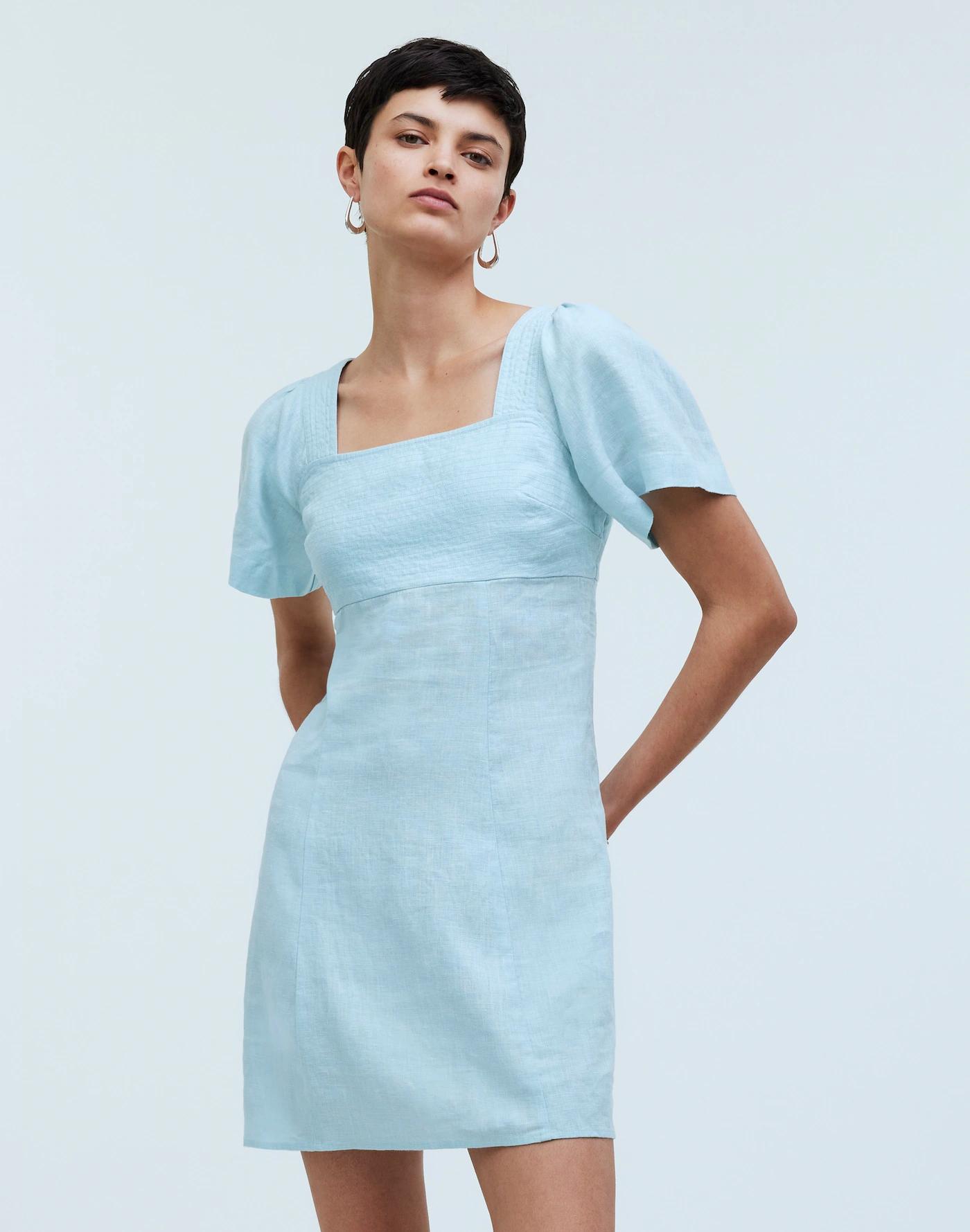 Square-Neck Mini Dress in 100% Linen Product Image