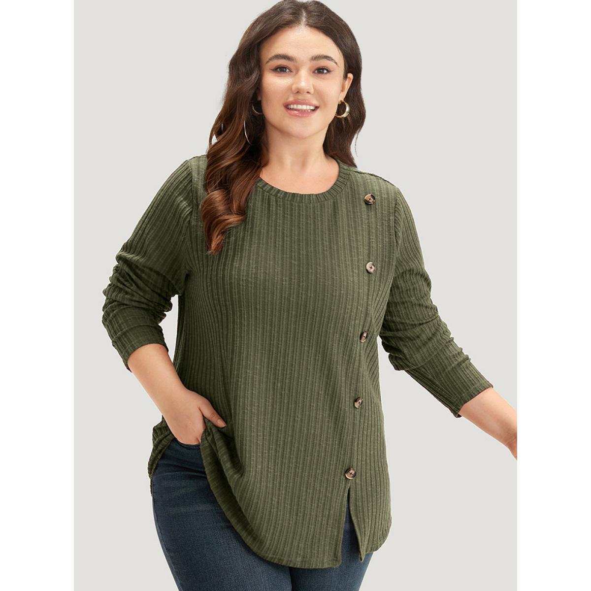 Plus Size Rib Knit Button Detail Split Side T-shirt Burgundy Women Casual Texture Plain Round Neck Dailywear T-shirts BloomChic 22-24/3X Product Image
