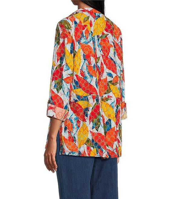 John Mark Petite Size Embroidered Abstract Leaf Print Wire Collar 3/4 Roll-Tab Sleeve Hi-Low Hem Button Front Tunic Product Image