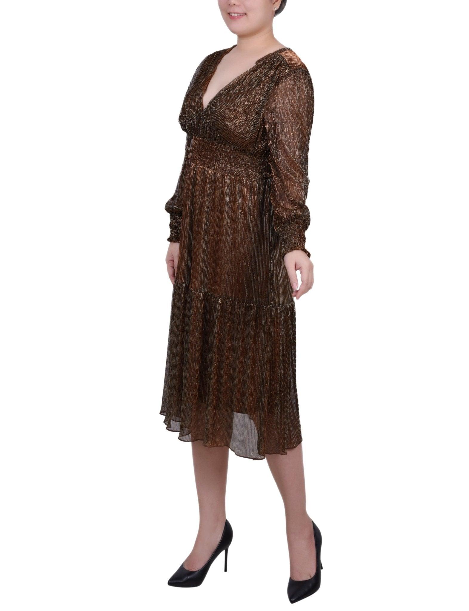 Bronze Long Sleeve Plisse Mesh Dress Product Image