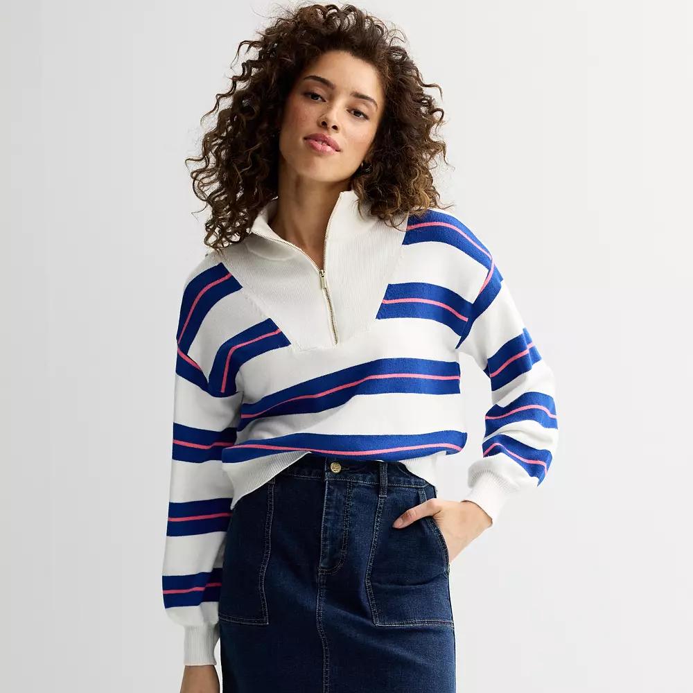 Women's Draper James Quarter Zip Pullover Sweater, Size: XL, Blue Pink Stripe Product Image