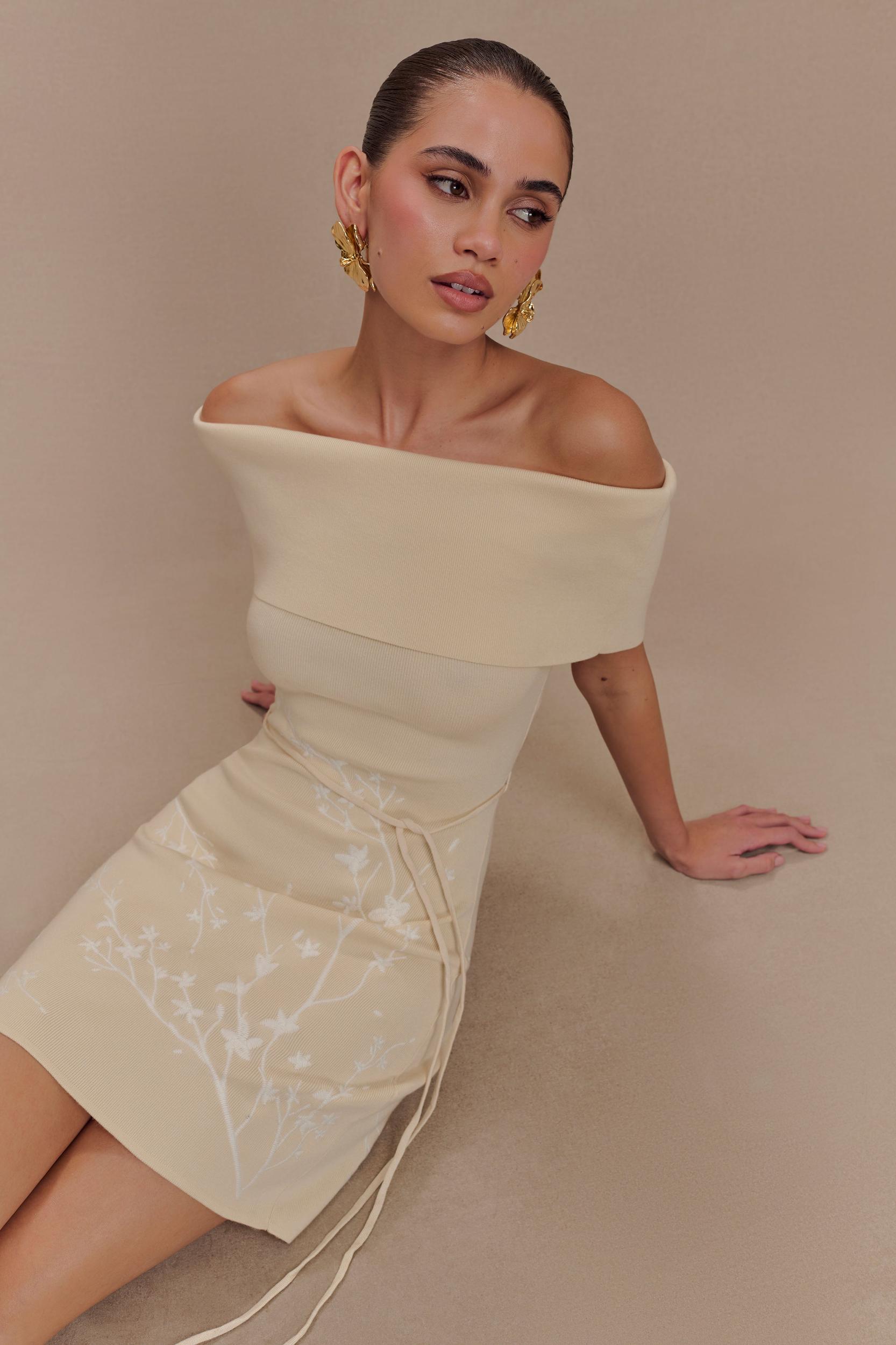 Mallory Off Shoulder Embroidered Knit Mini Dress - Cream And Ivory Product Image