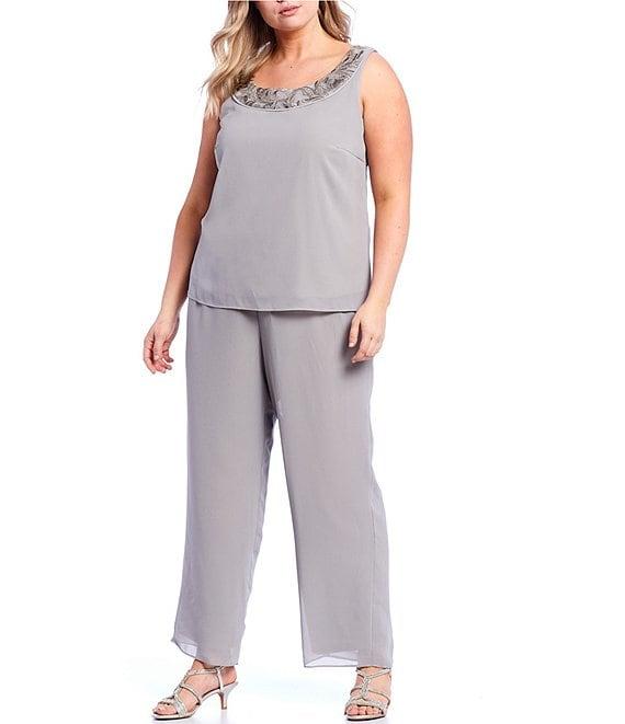 Le Bos Plus Size 3/4 Sleeve Sequin Lace Trim Crew Neck 3/4 Sleeve 3-Piece Pant Set Product Image