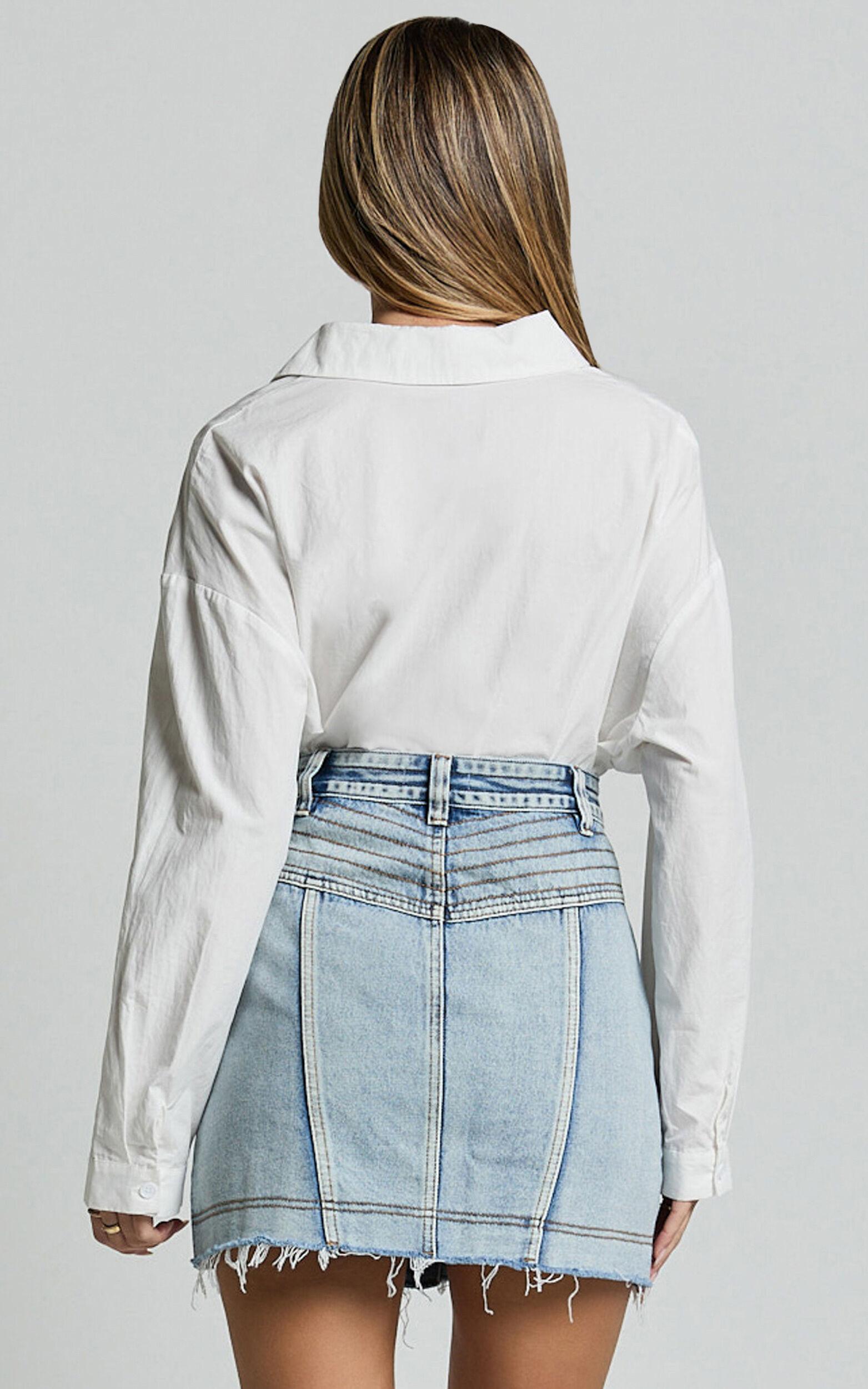 Gennlee Mini Skirt - Cotton Contrast Denim Skirt in Light Wash Blue Product Image