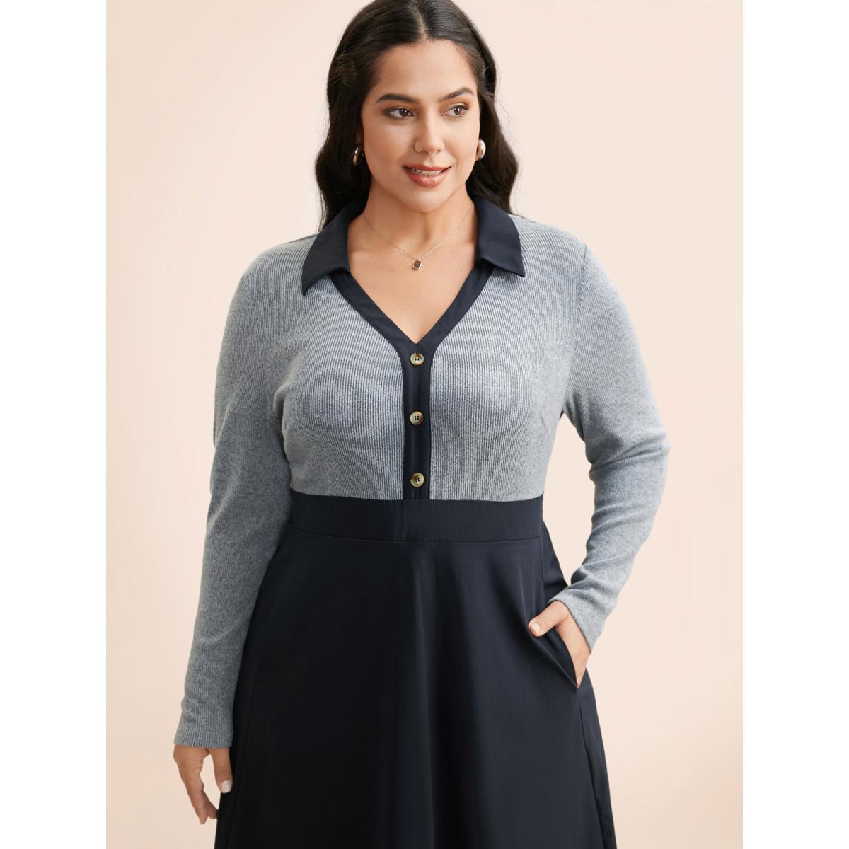 Plus Size Contrast Shirt Collar Button Detail Dress Indigo Women Elegant Contrast Shirt collar Extra Long Sleeve Curvy BloomChic 14-16/1X Product Image