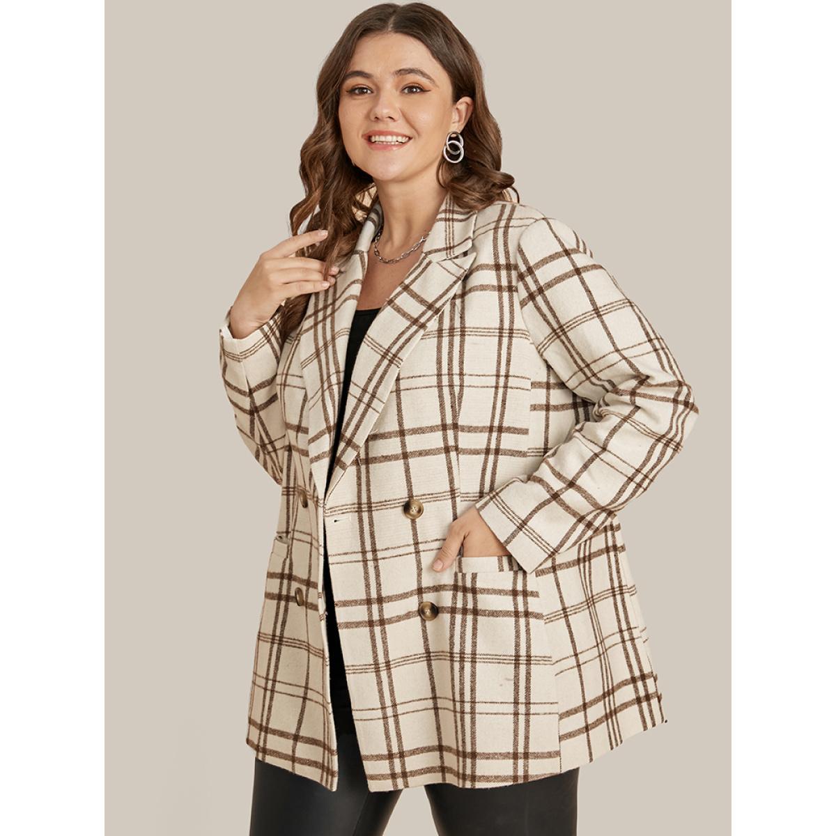Plus Size Plaid Suit Collar Button Down Pocket Blazer Champagne Women Dailywear Plaid Button Sleeve Long Sleeve Lapel Collar 30/6X Pocket Casual Blazers BloomChic Product Image