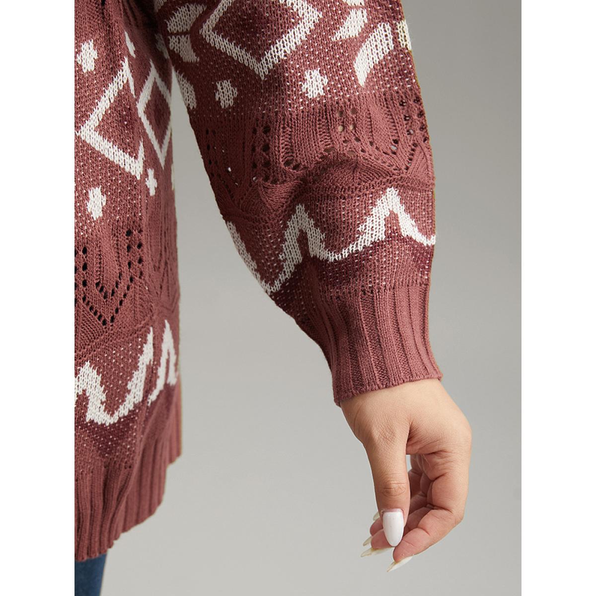 Plus Size Bandana Print Eyelet Metal Button Fly Cardigan Rust Women Casual Loose Long Sleeve Dailywear Cardigans BloomChic 30/6X Product Image