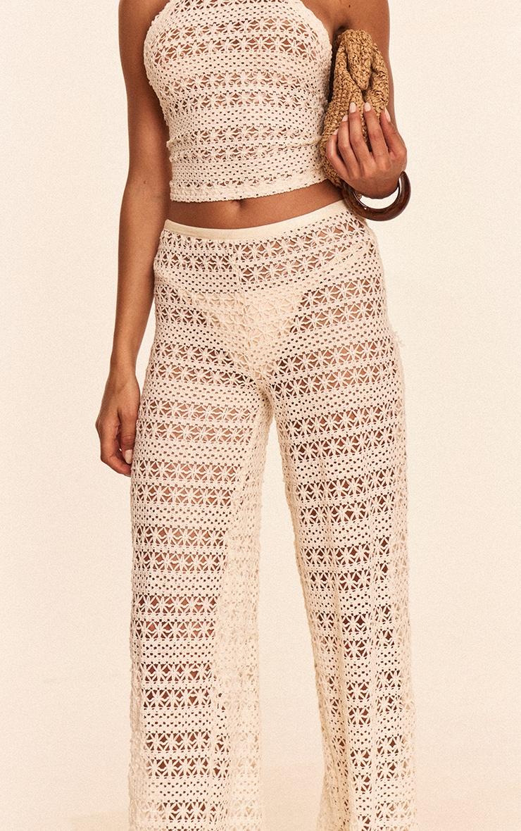 Cream Crochet Wide Leg Pant Beach Set Product Image