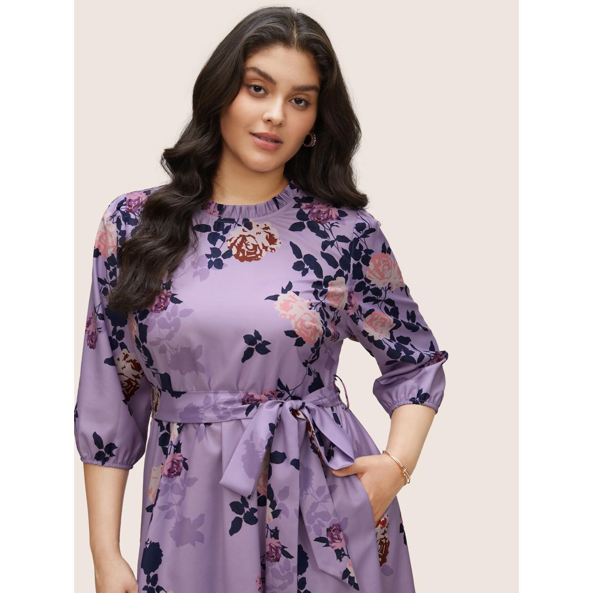 Plus Size Floral Print Belted Pocket Frill Trim Dress Lilac Women Elegant Non Round Neck Elbow-length sleeve Curvy Knee Dress BloomChic 28/5X Product Image