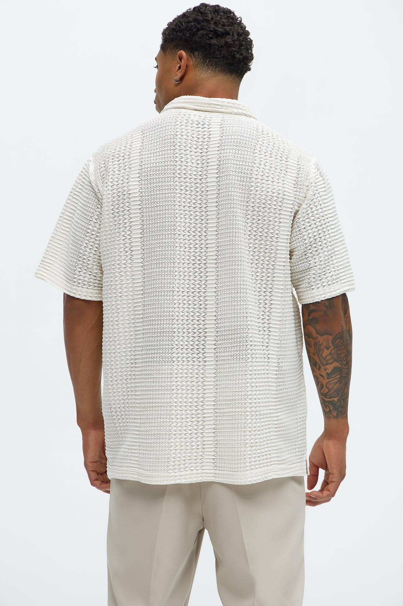 Clay Wavy Open Knit Johnny Collar Shirt - Off White Product Image