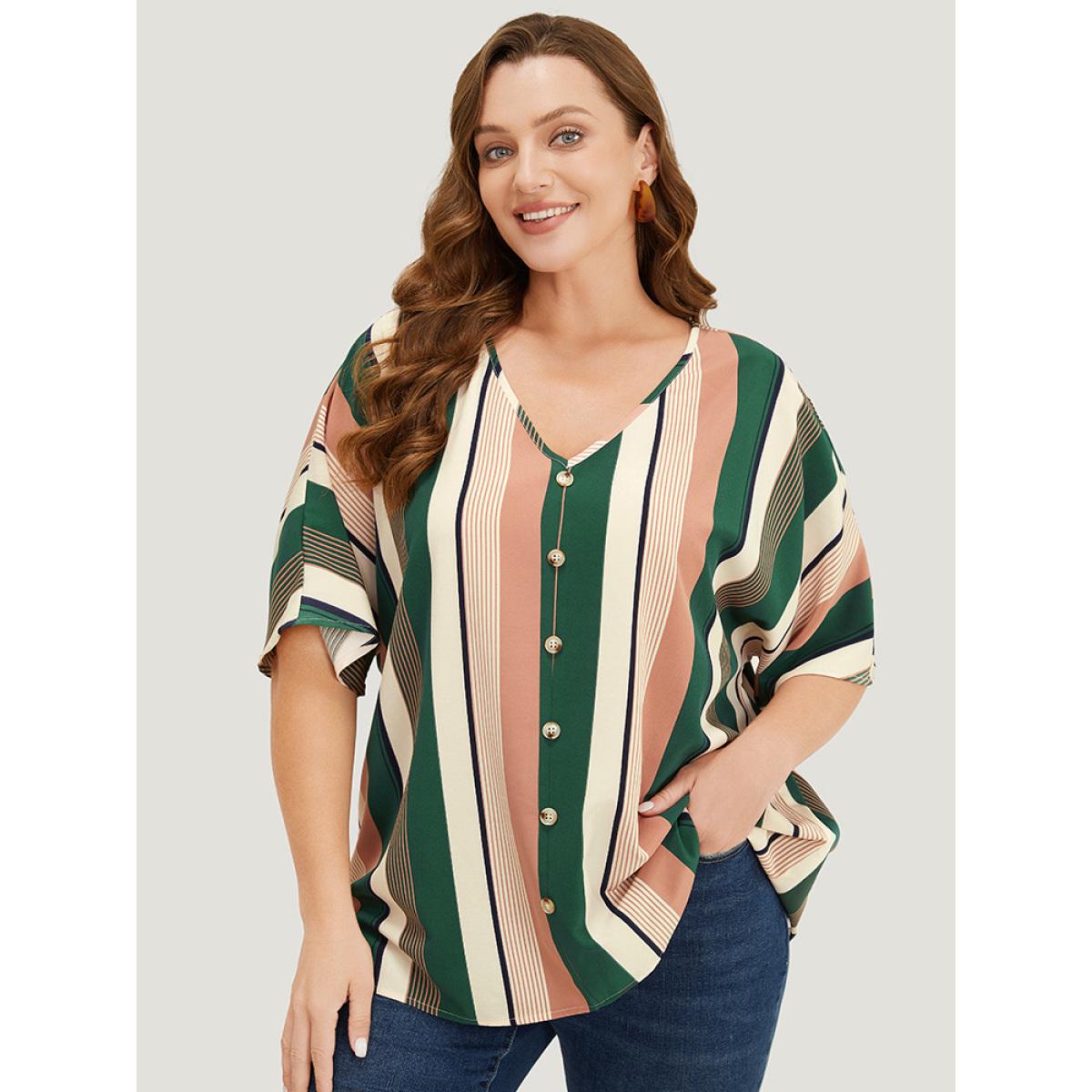 Plus Size Multicolor Striped Print Button Detail Batwing Sleeve Blouse Women Vacation Half Sleeve V-neck Dailywear Blouses BloomChic 10/M Product Image