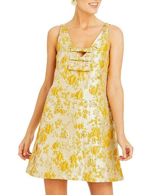 Mestiza New York Elmarie Metallic Jacquard V-Neck Sleeveless Bow Mini Shift Dress Product Image