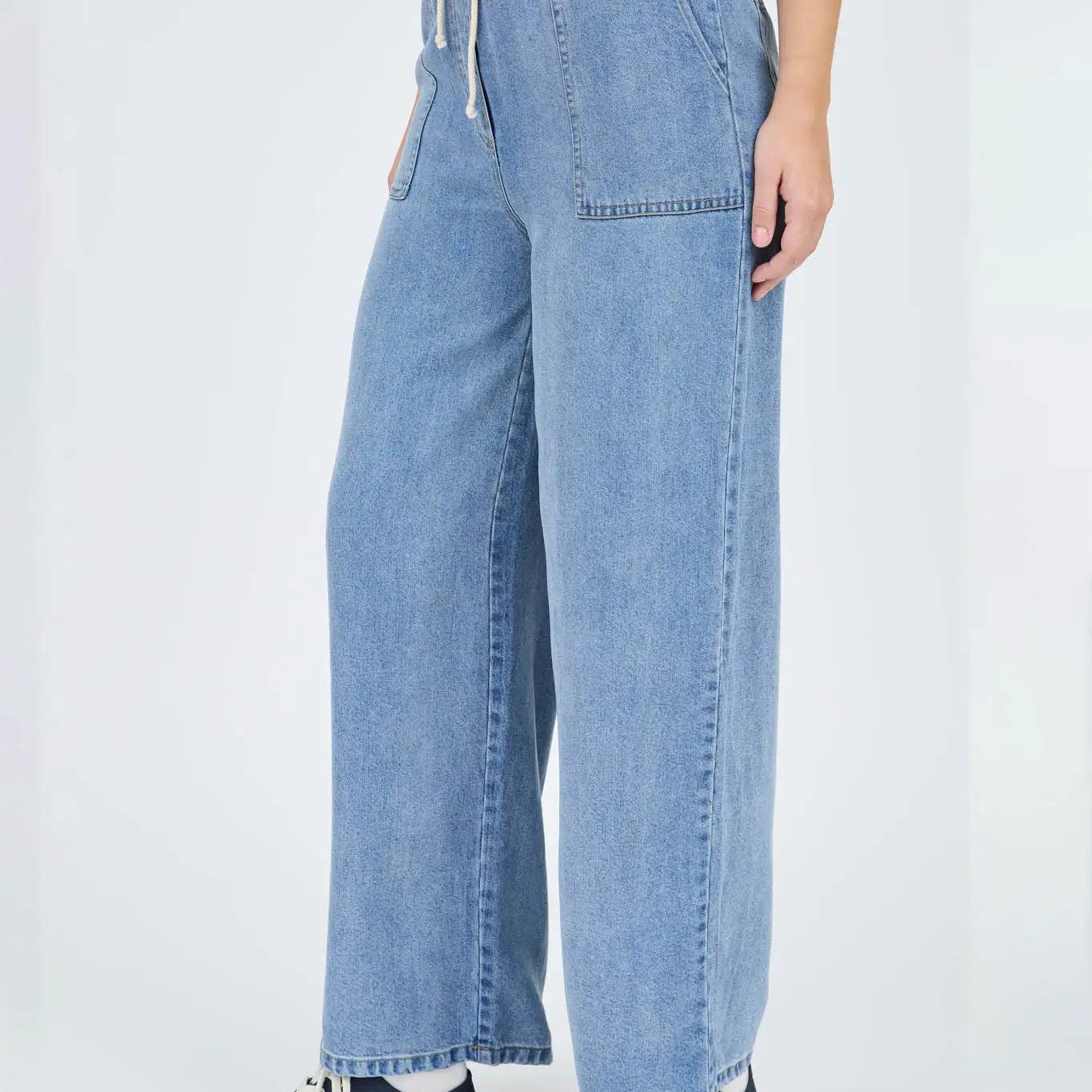 Denim High Waist Wide Leg Washed Chambray Jeans Pants Product Image