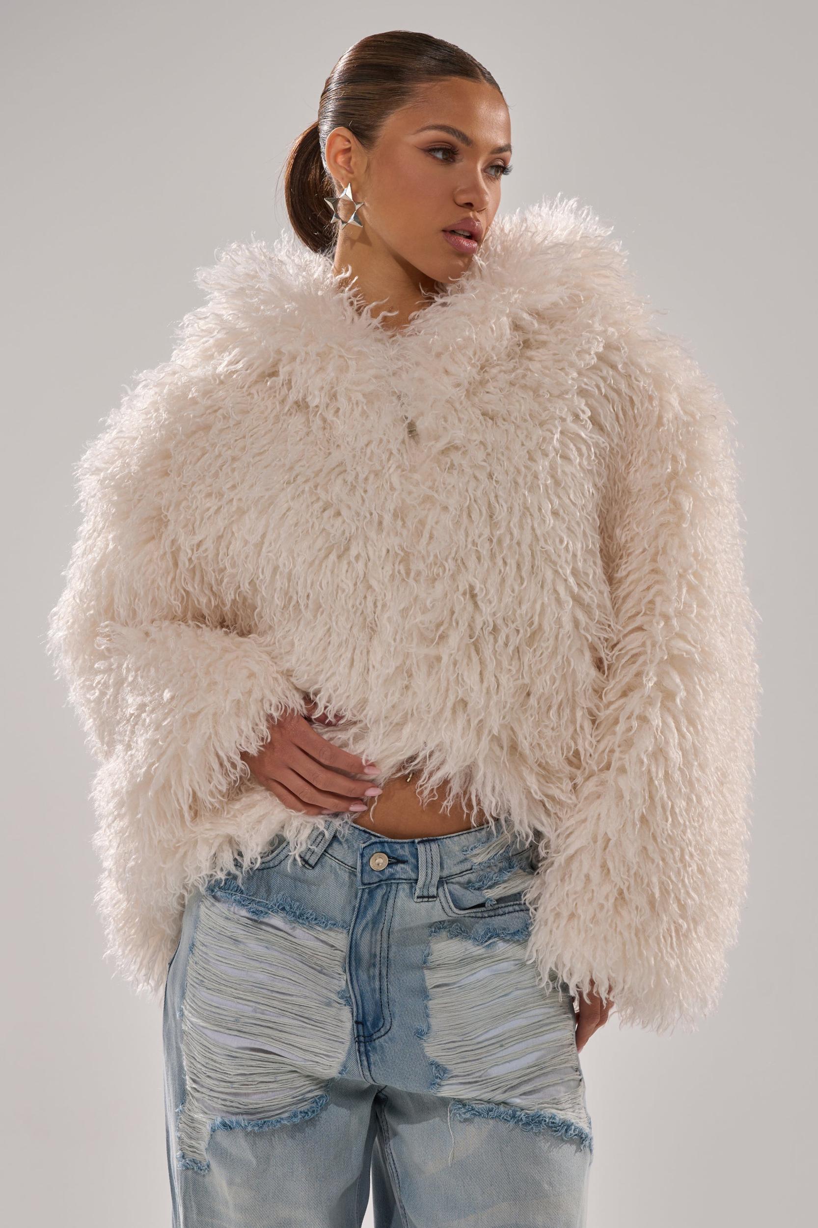 LOOK AT ME NOW HOODED FUR BOMBER IN IVORY Product Image