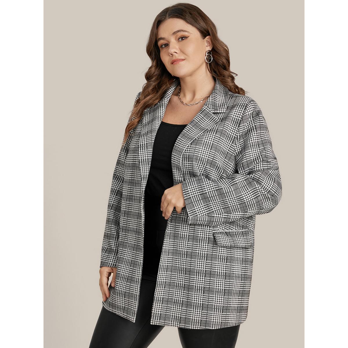Plus Size Houndstooth Flap Pocket Open Front Coat Women Black Office Ladies Office Winter Coats BloomChic 12/L Product Image