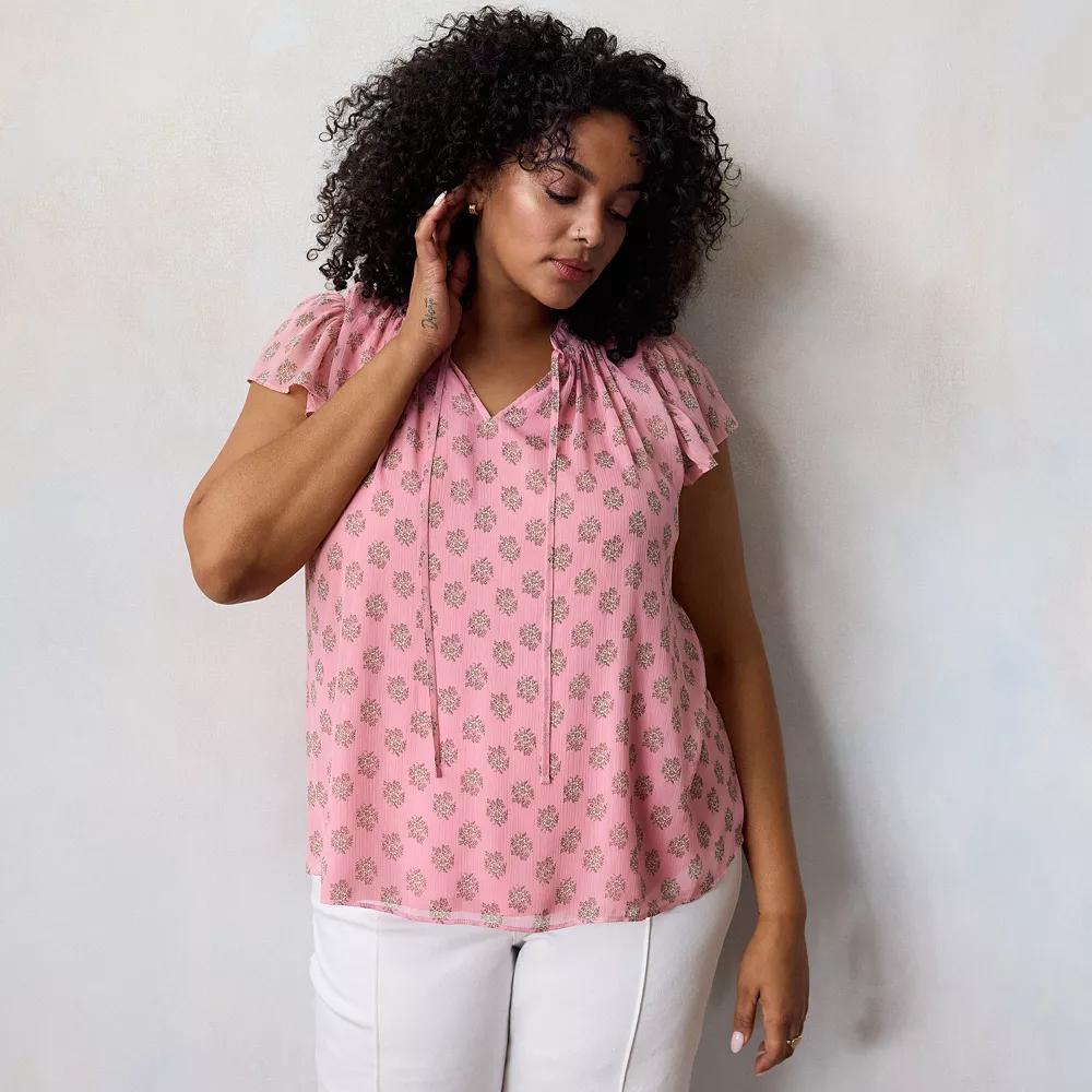Plus Size LC Lauren Conrad Tie Front Ruffled V-Neck Shell, Women's, Size: 2XL, Pink Ana Flora Product Image