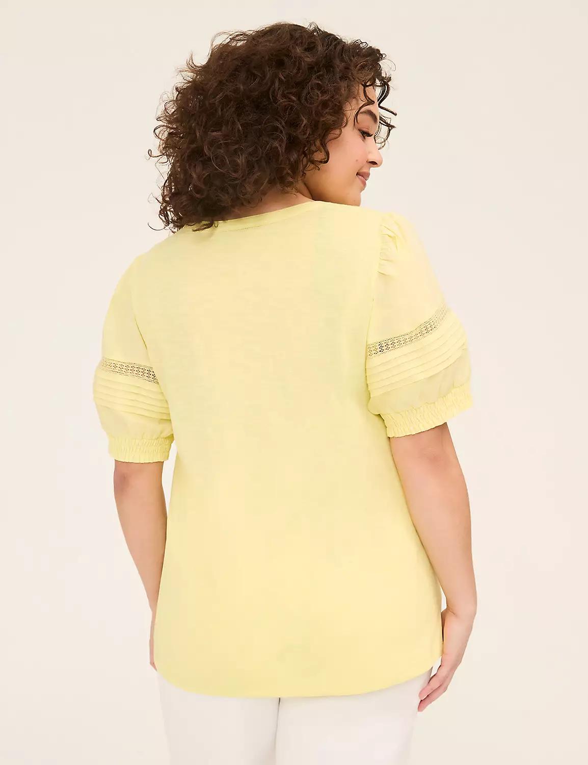 Woven & Knit Puff-Sleeve Notch-Neck Top Product Image