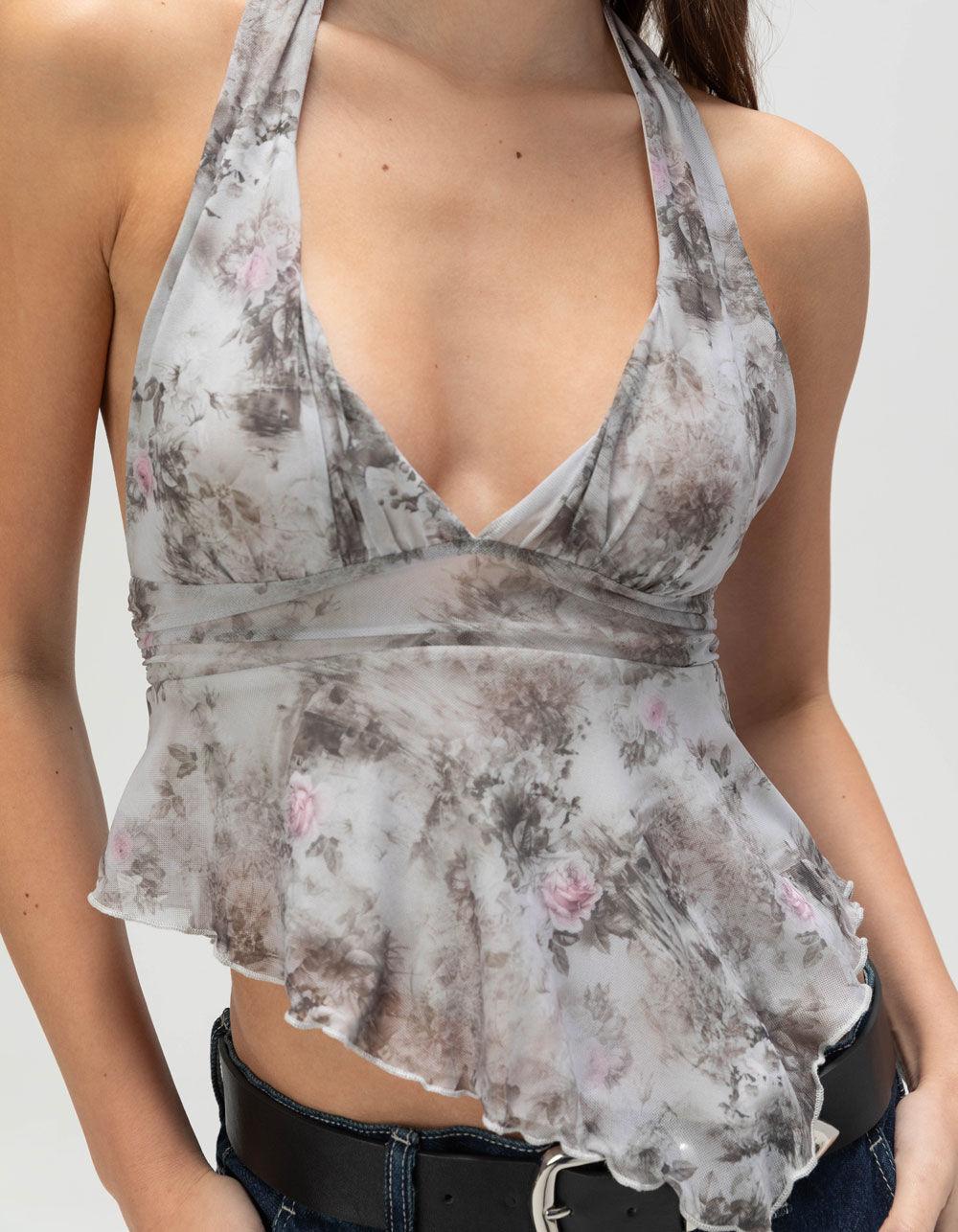 FULL TILT Mesh Hanky Womens Halter Top - GRAY COMBO Product Image