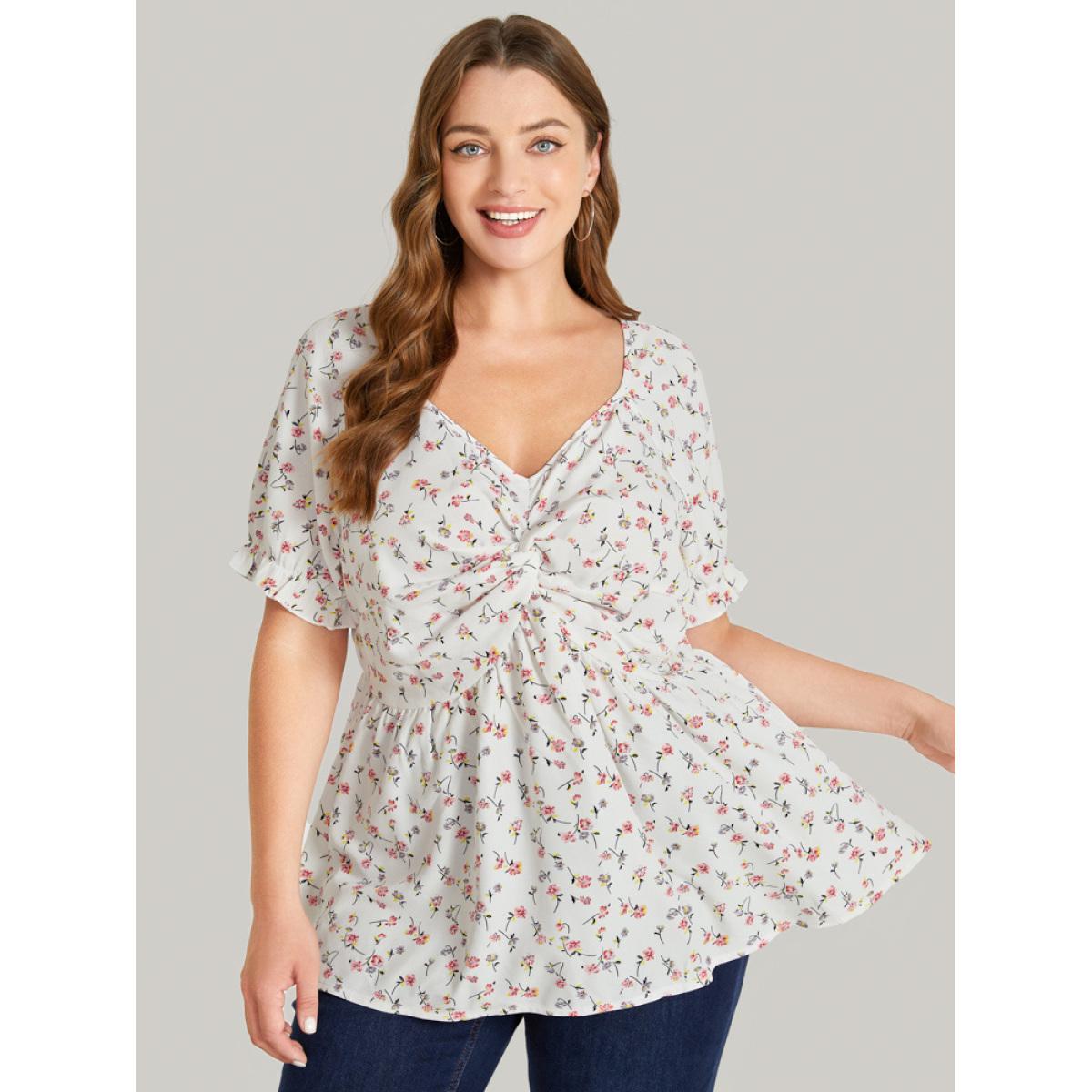 Plus Size White Ditsy Floral Twist Front Puff Sleeve Blouse Women Elegant Short sleeve V-neck Dailywear Blouses BloomChic 14-16/1X Product Image
