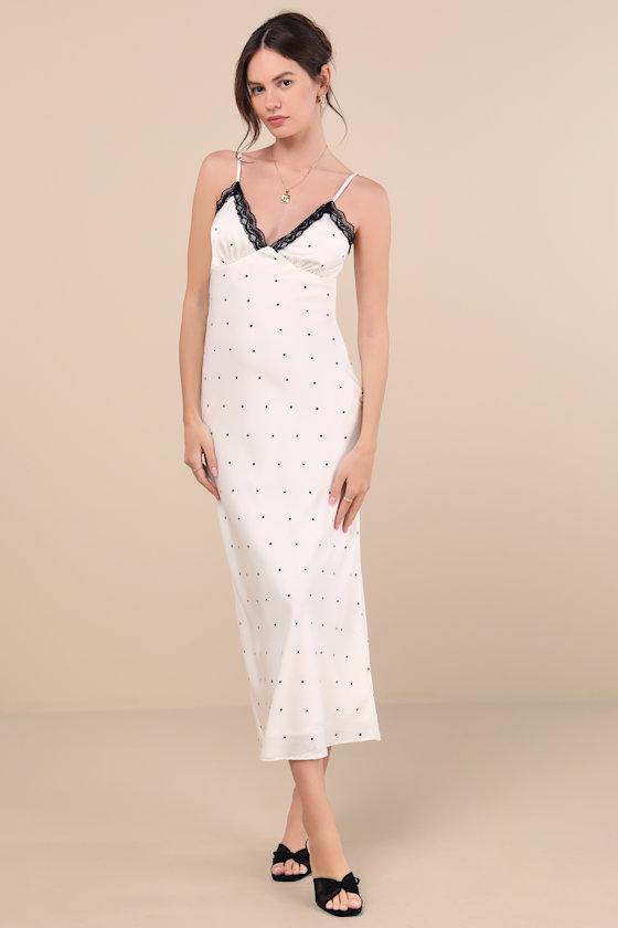 Majella Ivory Polka Dot Satin Lace Slip Midi Dress Product Image