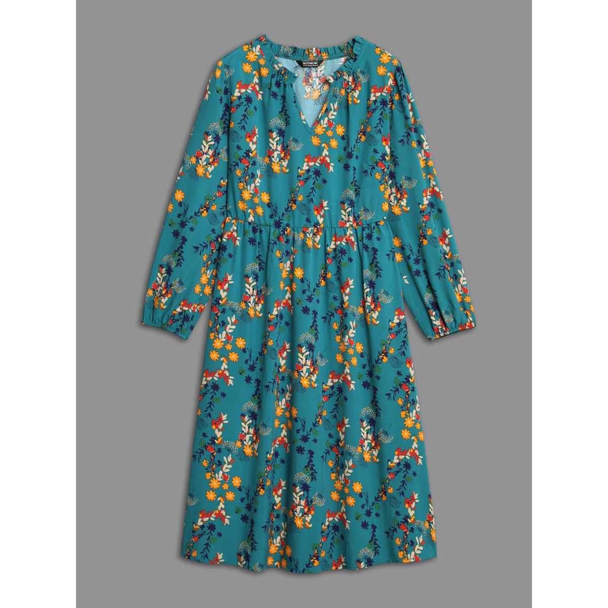 Plus Size Floral Print Ruffled Notched Collar Midi Dress Aegean Women Elegant Gathered Notched collar Long Sleeve Curvy BloomChic 18-20/2X Product Image