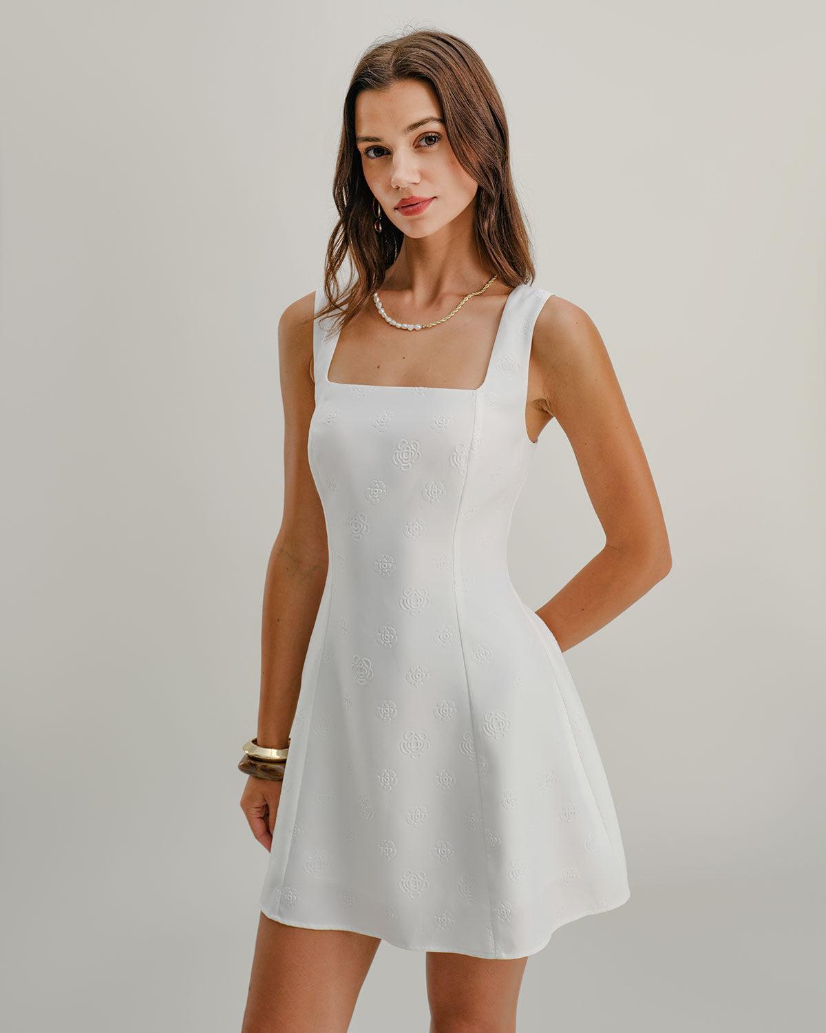 White Square Neck Textured Slip Dress Product Image