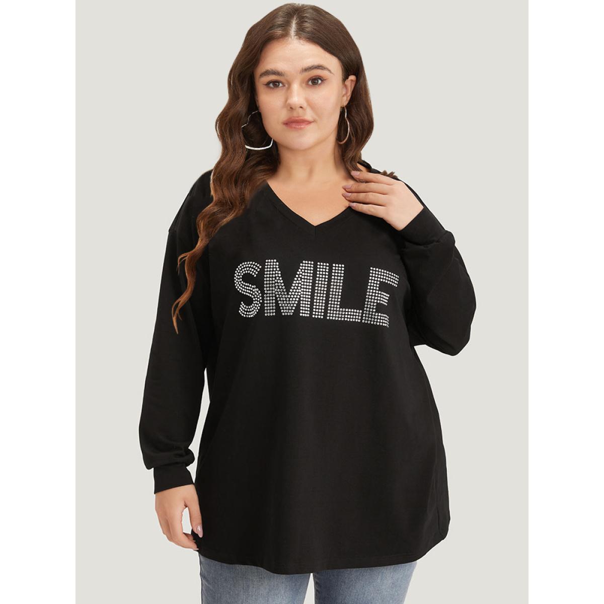 Plus Size Letter Print Rhinestone V Neck Elastic cuffs Sweatshirt Women Black Elegant Elastic cuffs Dailywear Sweatshirts BloomChic 10/M Product Image
