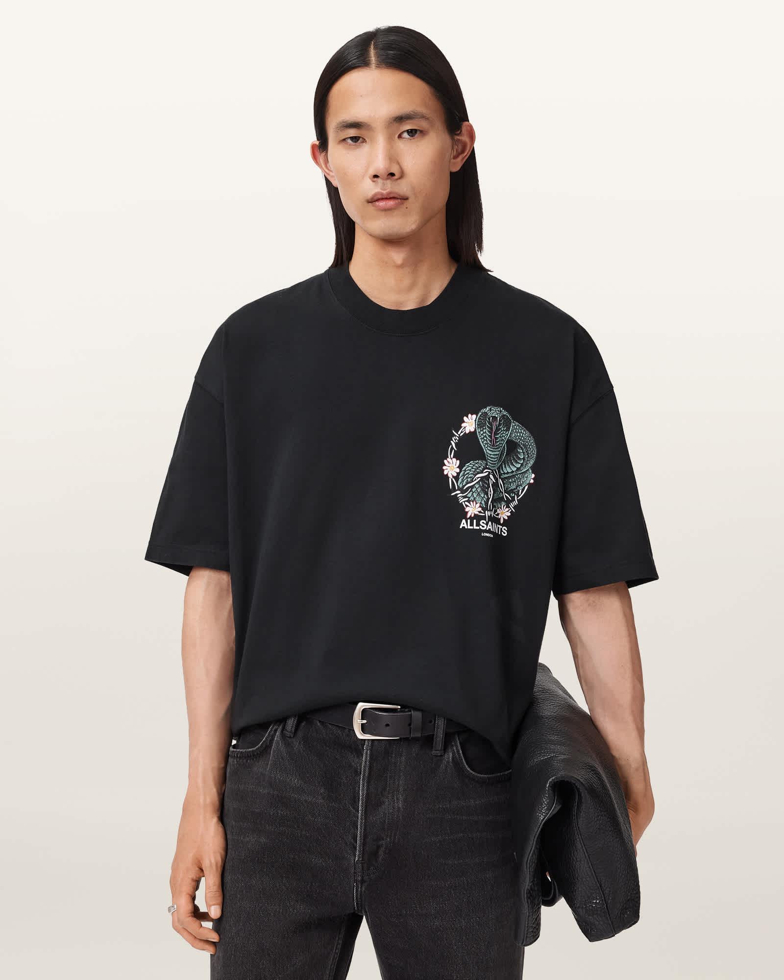 Snakebite Short Sleeve Crew T-Shirt Washed Black | ALLSAINTS US Product Image