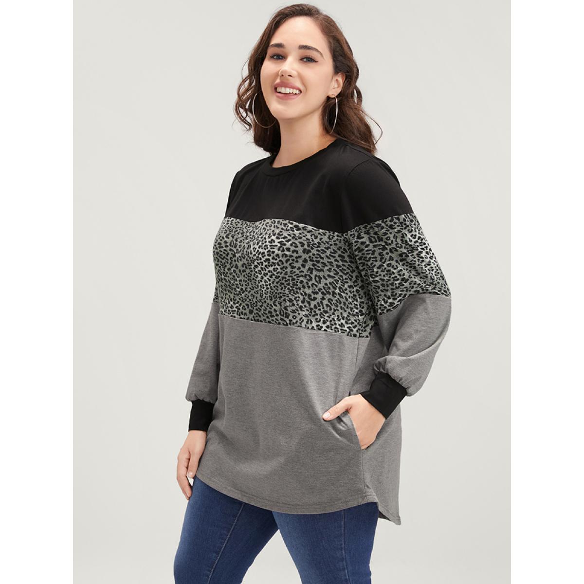 Plus Size Leopard Contrast Drop Shoulder Sweatshirt Women DimGray Casual Patchwork Round Neck Dailywear Sweatshirts BloomChic 10/M Product Image